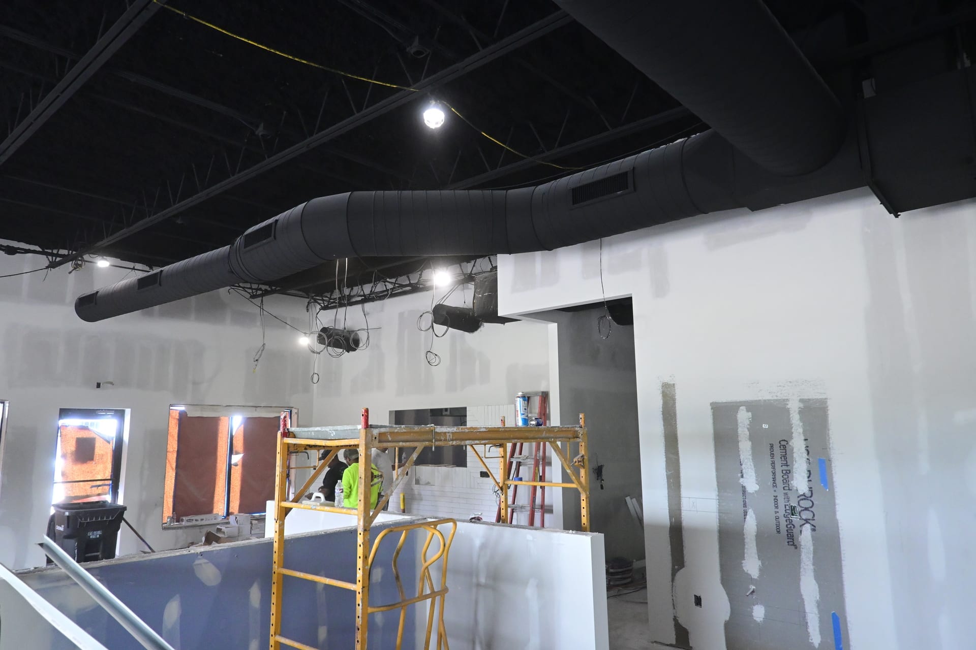 Interior buildout progress in the dining area
