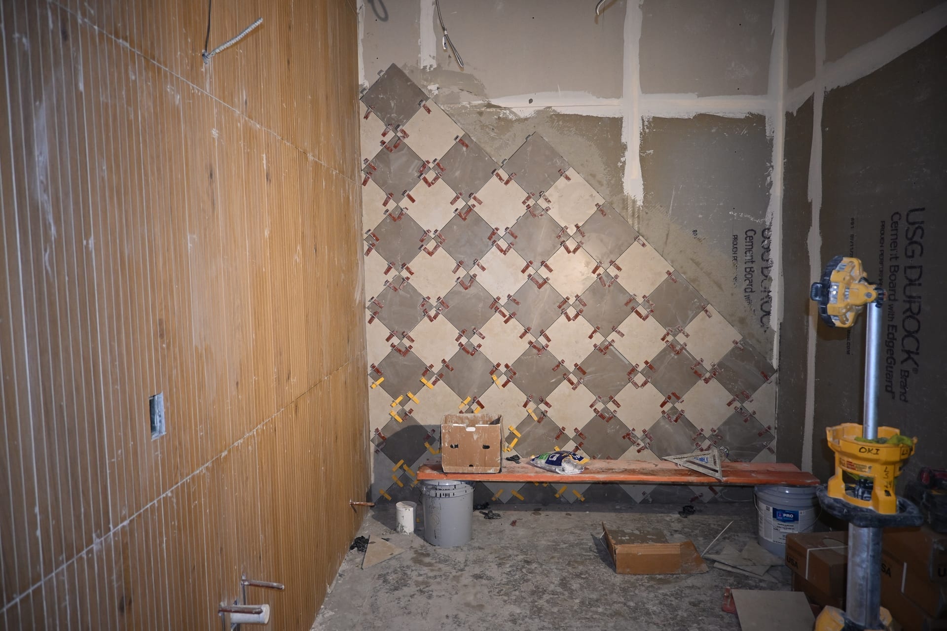 Renovation progress along the dining room walls